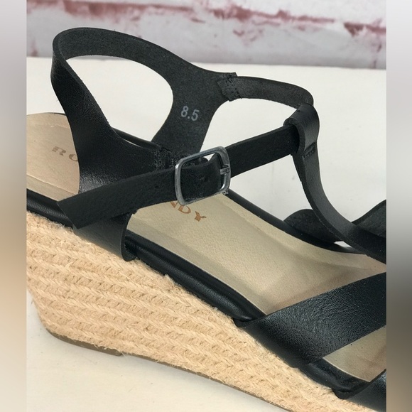 ROCK & CANDY  Fola Espadrille Jute Wrapped Wedge Sandals 8.5 Black faux leather - Picture 10 of 16